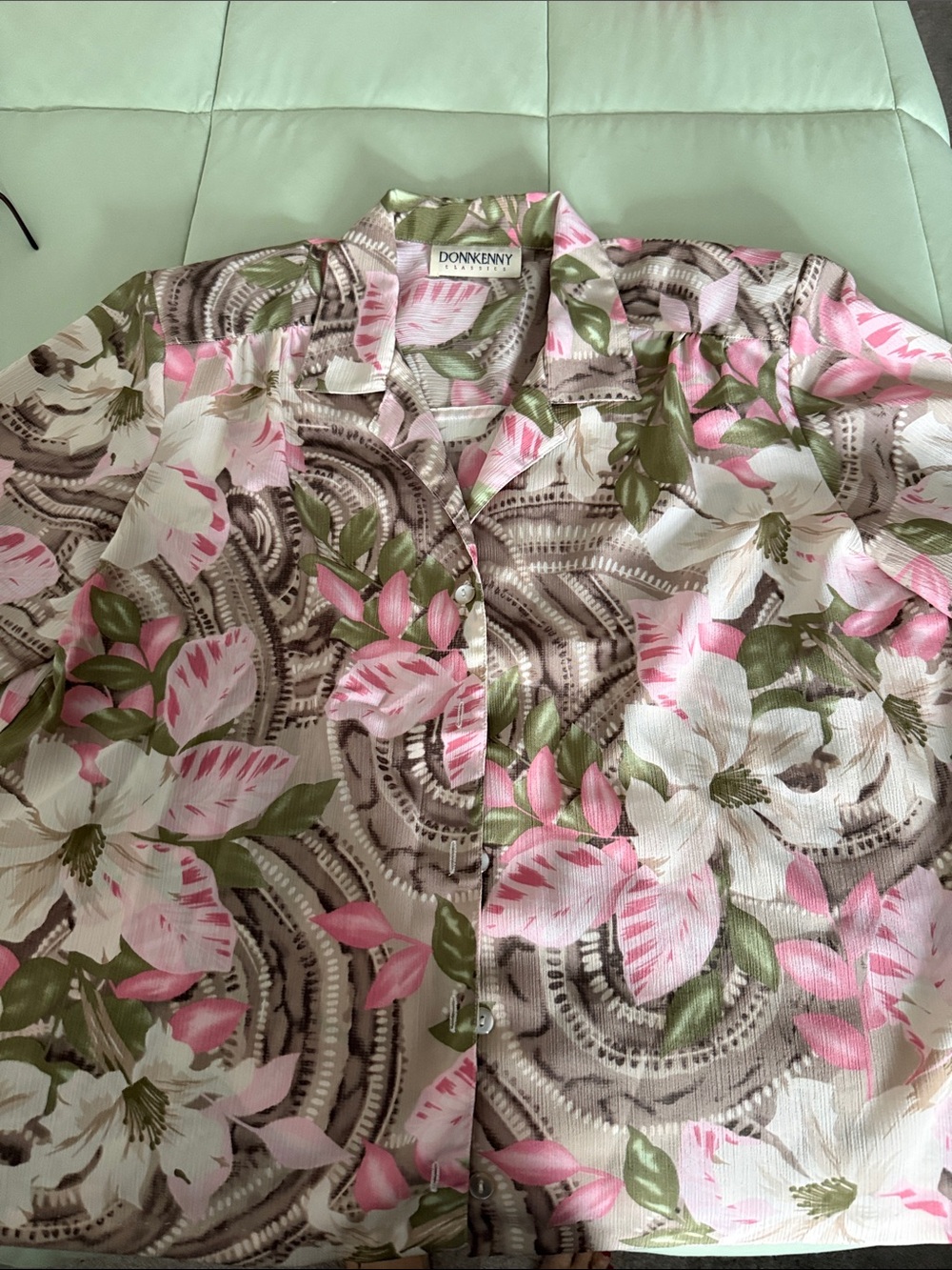 Donnkenny Floral Button-Up Blouse in Pink and Green